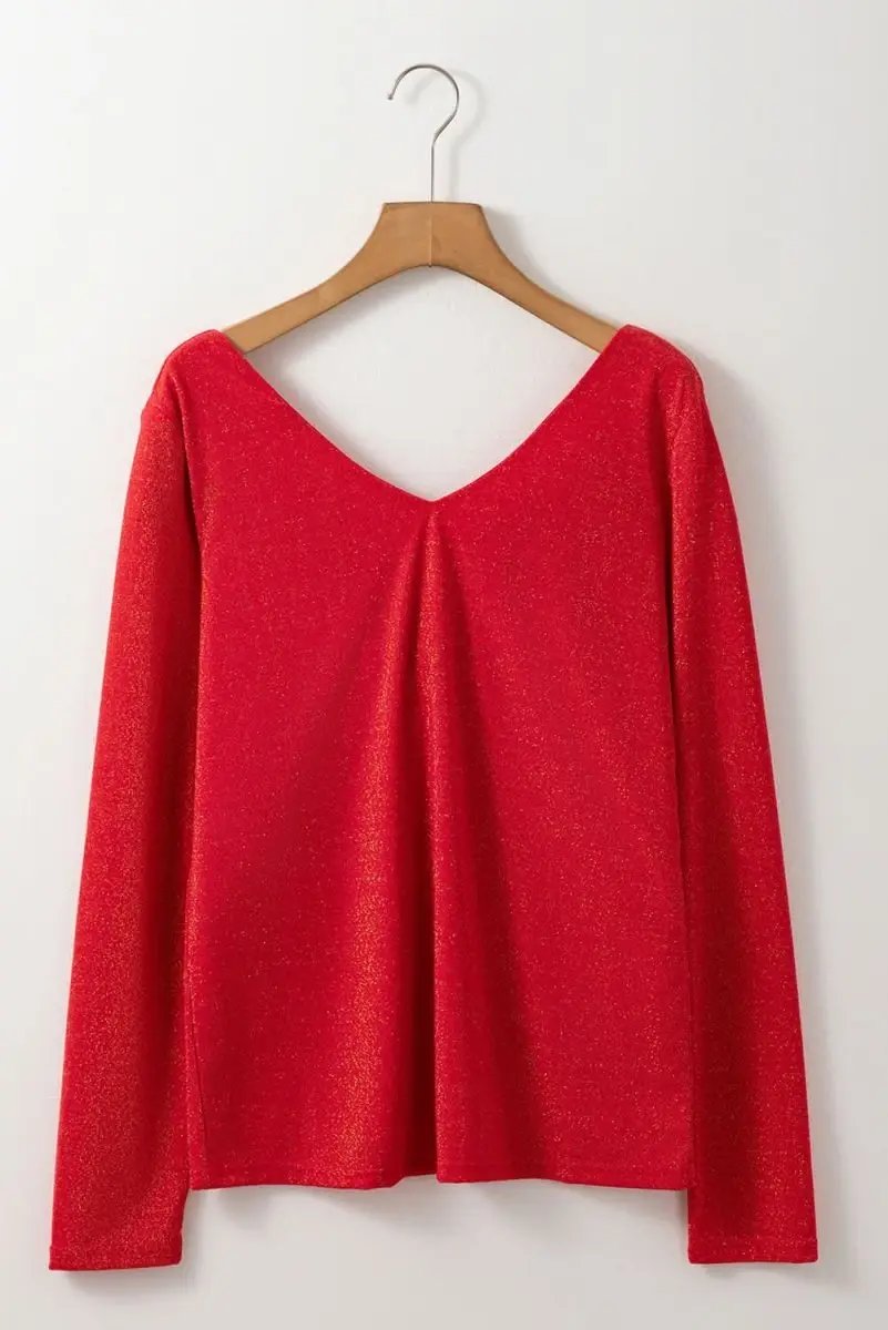 Racing Red Metallic Bowknot Open Back V Neck Top - Love Salve